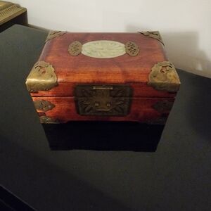 Vintage Chinese ROSEWOOD Jewelry Box with Carved Waterlily & Brass Accents
